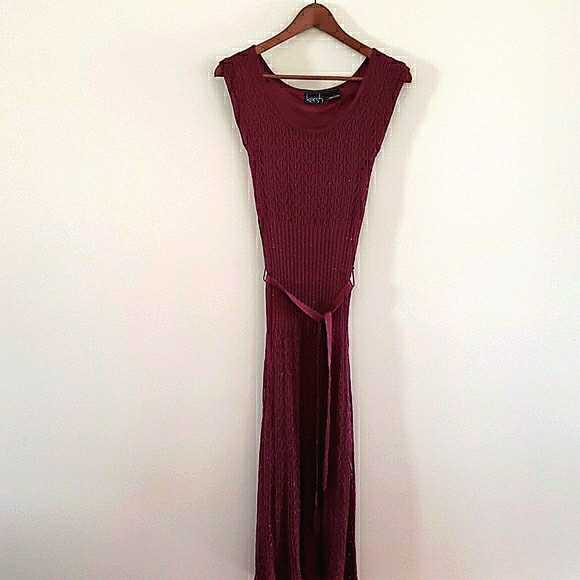 KERSH - Sparkly Holiday Burgundy Knit Dress Tie Waist Crochet Lace S Sma… - Picture 3 of 6